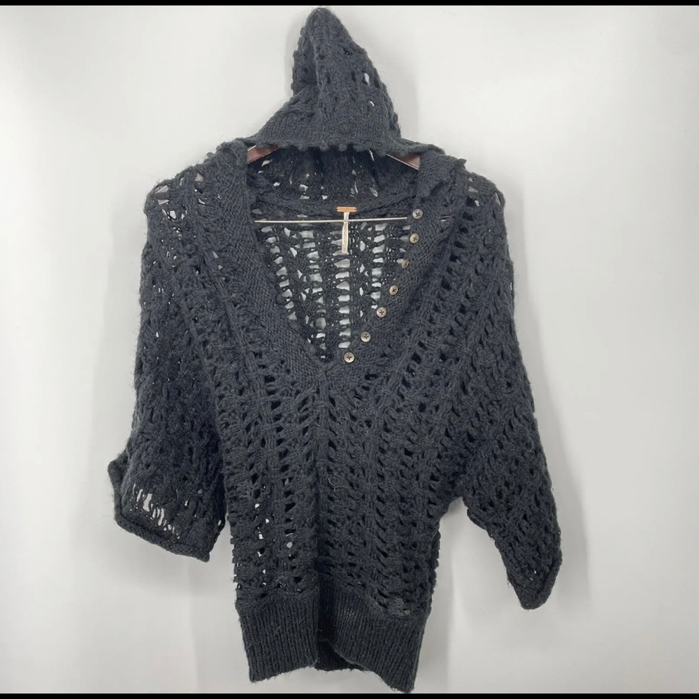 Free People Sweater Womens Size XS Black Hooded Chunky Open Knit Fuzzy